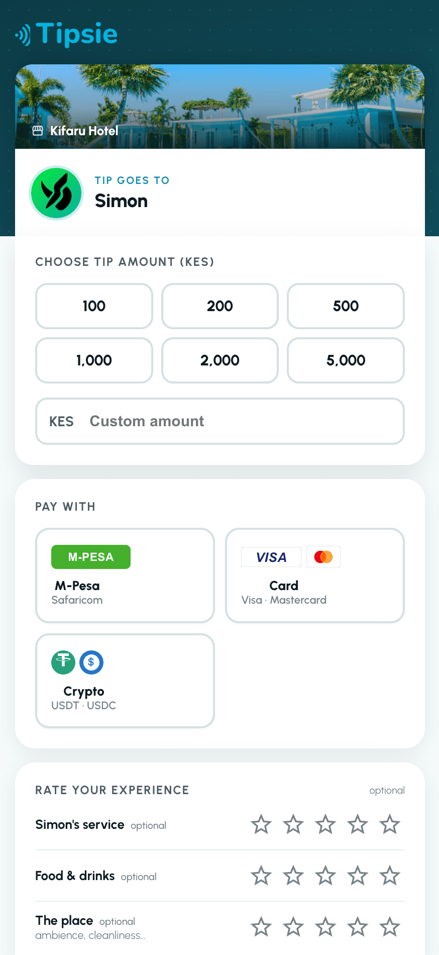 The Tipsie tipping page on a phone: the tip goes to a named worker, with quick amounts, payment options, and optional star ratings for the service, the food and drinks, and the place